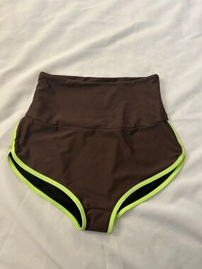 Free People High-Waist Bikini Bottoms in Brown with Neon Lime Trim